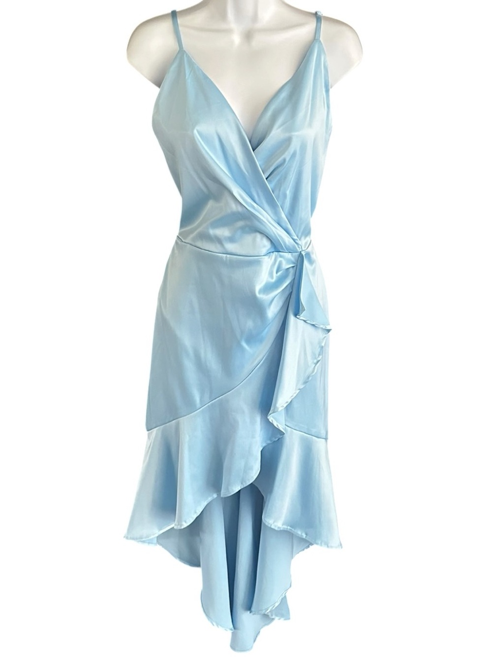Light Blue Satin Ruffle High-Low Dress - Picture 4 of 10